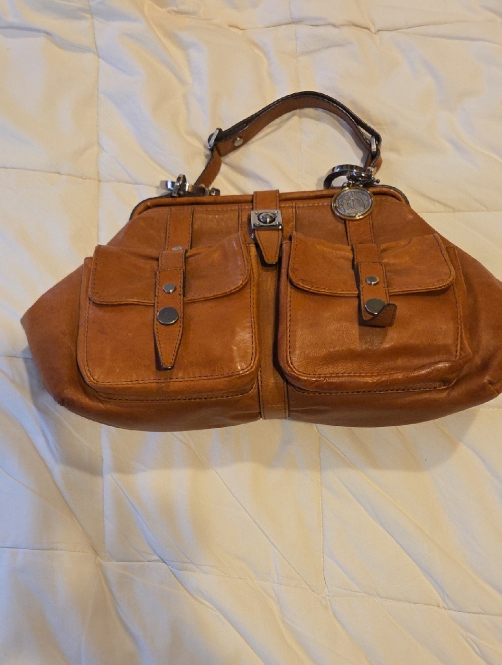 Lanvin Dark Tan Leather Shoulder Bag with Front Pockets